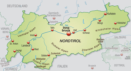 Umgebungskarte von Tirol mit Hauptstädten