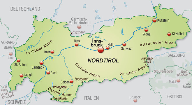 Umgebungskarte von Tirol mit Hauptst&auml;dten