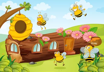 Poster honingbijen en houten huis © GraphicsRF