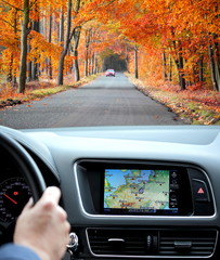 Travel by car with gps in autumnal scenery