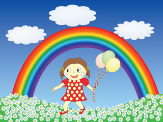 girl with balloons on a lawn under rainbow