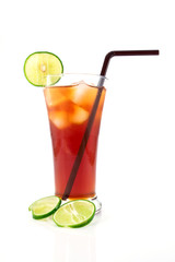 Glass of lemon cold iced tea with lemons on white background