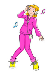 Cartoon illustration of girl listening a music