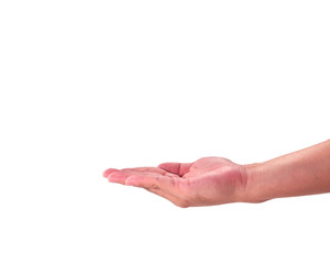 Human hand held up. Awaiting a gift. Isolated on white backgroun