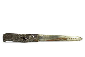 Rusted through World War II soviet army bayonet, isolated with slight shadow on pure white background. Work (clipping) path