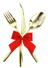 Christmas cutlery. Spoon, fork and knife on white background