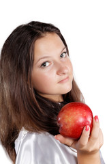 girl offers an apple isolated