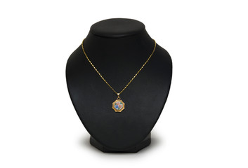 beautiful golden necklace on mannequin isolated on white