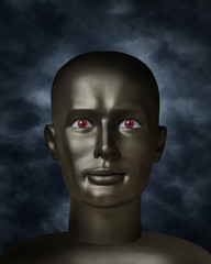 Dark mannequin face with red eyes in the darkness