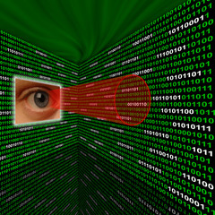 Spyware eye scanning binary code with red sightline