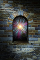 Magical vortex in a stone arch doorway