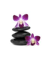 Fototapeta premium Two pink orchid and stacked stones on the white background