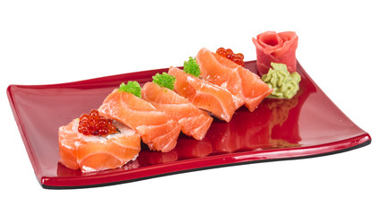 Japanese sushi traditional japanese food.Roll made of salmon, re