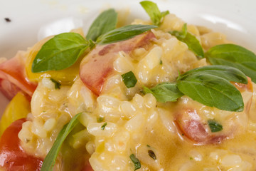 photo of delicious risotto dish with herbs and tomato on white b