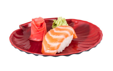 studio shoot of japanese sushi vaki with salmon on white backgro