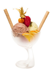 yogurt and chocolate ice cream in a bowl close up