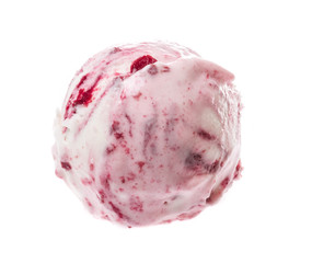 Scoop of strawberry ice cream from top on white background