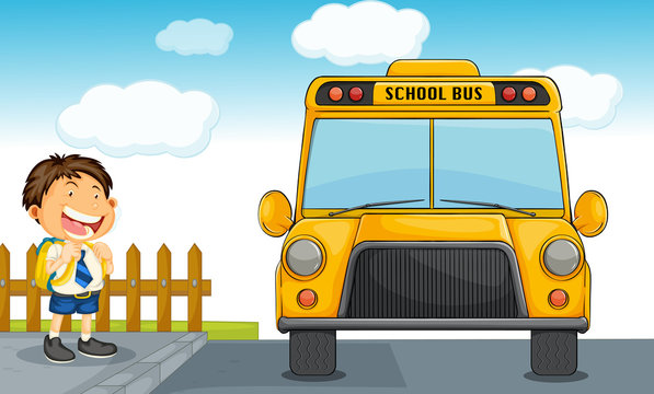 school bus and boy