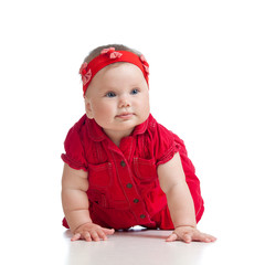 pretty crawling baby girl isolated on white background