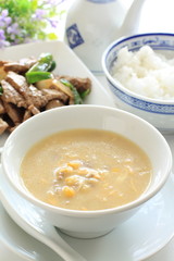 Chinese cuisine, corn and mince meat soup