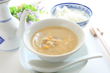chinese cuisine, corn and mince pork soup