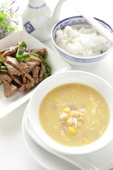 chinese cuisine, corn and mince soup with rice