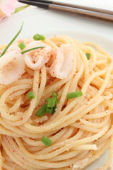 Italian and Japanese fusion pasta, Meitaiko and squid spaghetti
