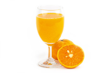 Orange juice and slices of orange on white background