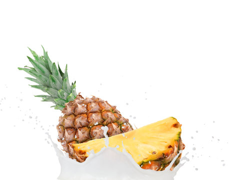 Milk splash with pineapple isolated on white