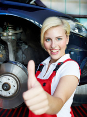 Female worker shows thump up for providing a service guarantee