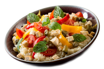 vegetarian couscous with tofu capsicum and mint leaf