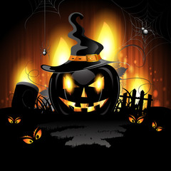 Halloween background with cemetery and pumpkin