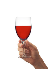 Man's hand with glass of red wine isolated on white