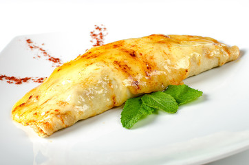 pancakes with meat  and paprika sauce