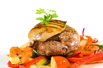 meat and pork liver with sauteed vegetables