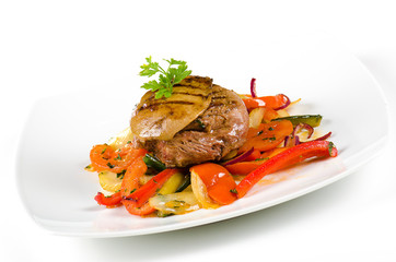 meat and pork liver with sauteed vegetables