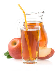 apple juice in glass and slices isolated on white