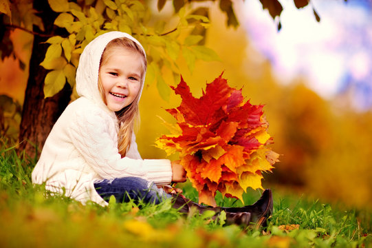 preschool little girl with autumn leaves in the beauty park