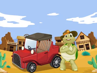 Foto op Plexiglas Wilde Westen schildpad en auto