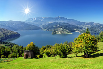 mountain and lake in autumn