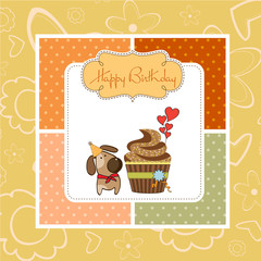 birthday greeting card with cupcake and little dog