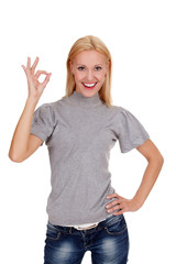 smiling beautiful woman showing okay gesture