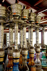 Rows of colorful and decorated waterpipes