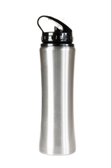 Silver thermos against a white background