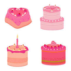 Set of vector pink sweets cakes