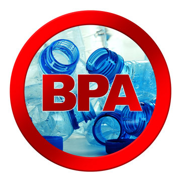 Anti bisphenol A BPA sign with plastic bottles of mineral water