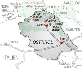 Verkehrskarte des Kantons Osttirol mit Nachbarländern