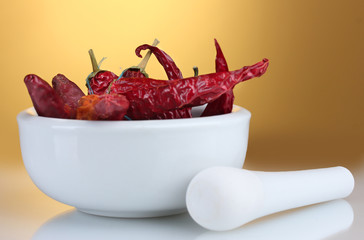 White mortar and pestle with red peppers
