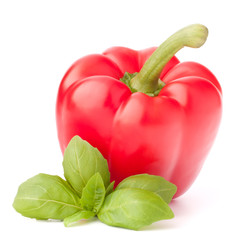 Sweet red pepper and basil leaves still life