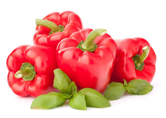 Sweet red pepper and basil leaves still life